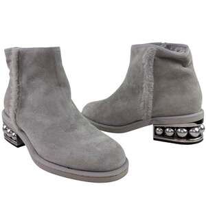 Nicholas Kirkwood Luna Booties 38.5 Gray Suede Pearl Heel Side Zip Ankle Boot